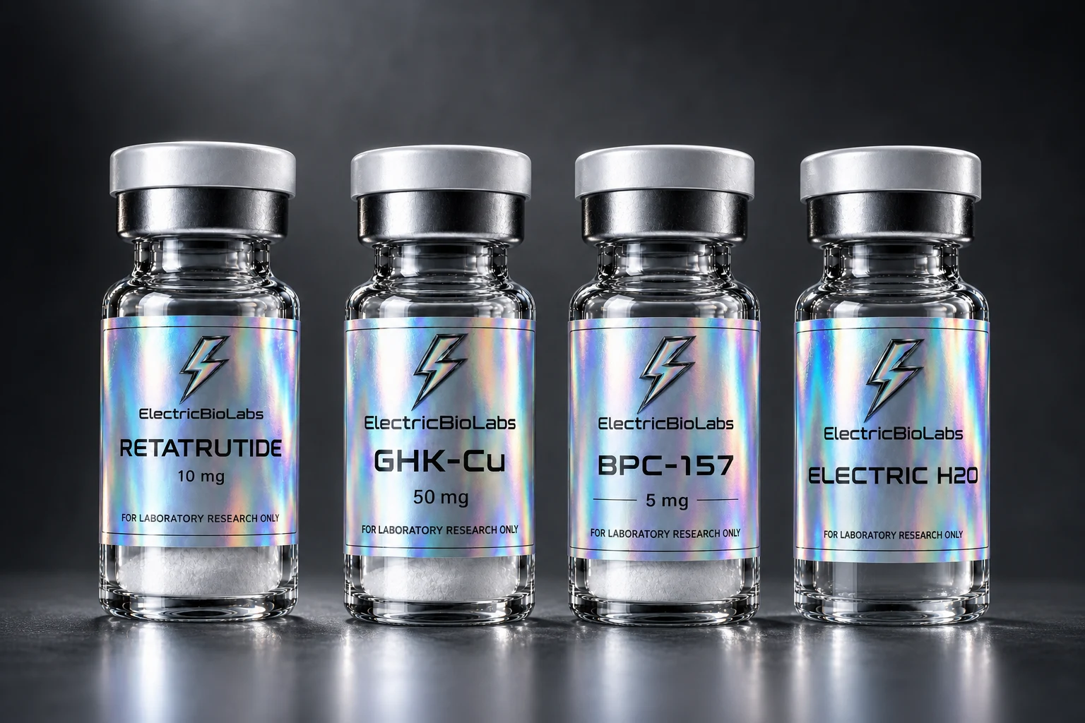 The four ElectricBioLabs products in holographic packaging