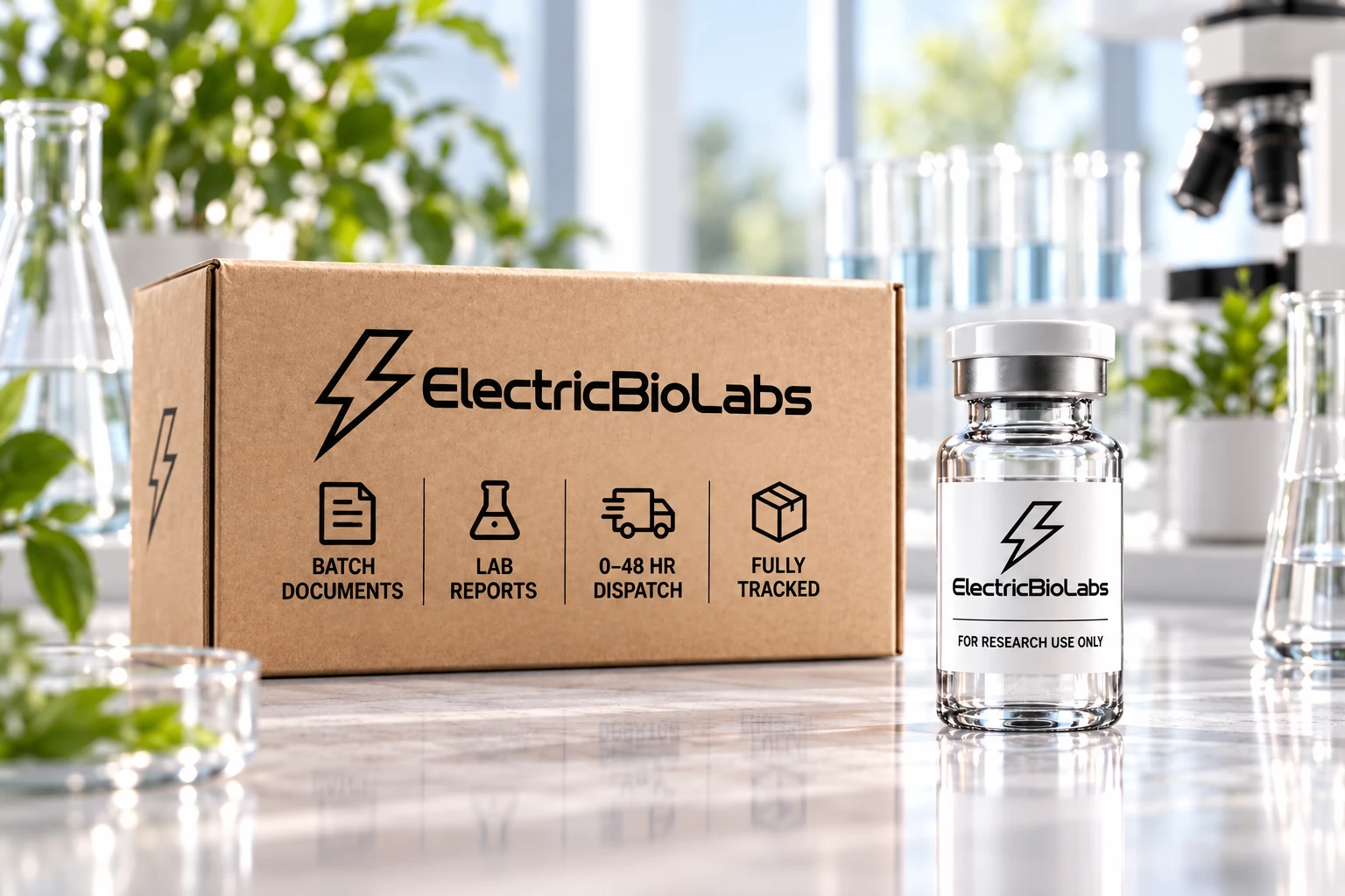 ElectricBioLabs shipment box and research vial labeled with batch documents, lab reports, 0–48 hour dispatch, and fully tracked.