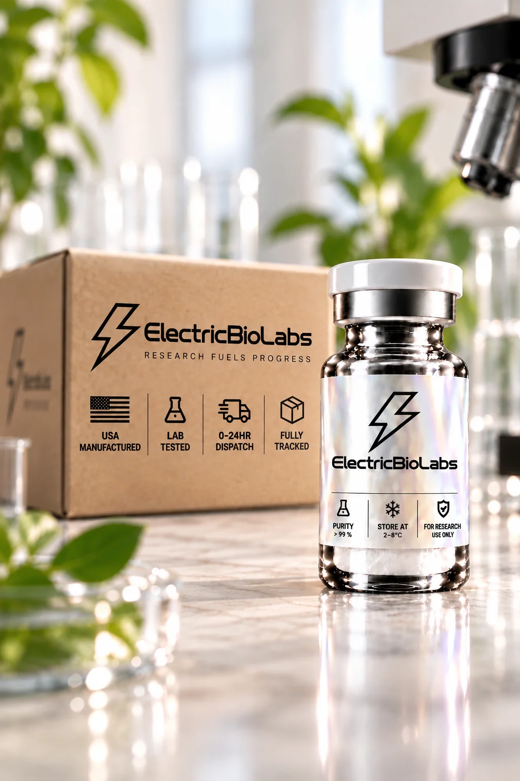 ElectricBioLabs research vial and branded packaging on a bright laboratory bench.